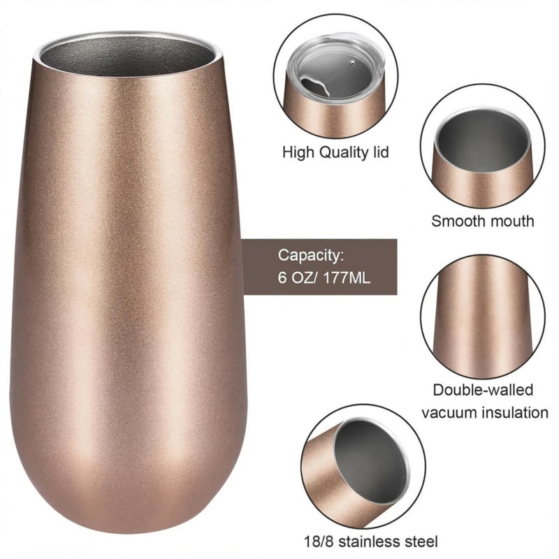 Maxdot 6 Pieces Champagne Tumbler Stemless Flutes Double Insulated Mini With Lips Stainless Steel Cocktail Cups for Coffee Wine Glass (Rose Gold) - Image 2